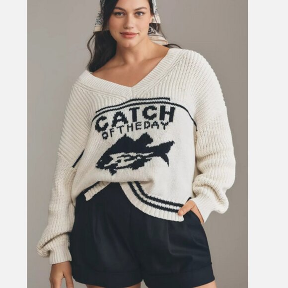 Anthropologie Maeve Nautical Linen-Blend Catch Of The Day Fish Sweater 2X NWT - Picture 1 of 10